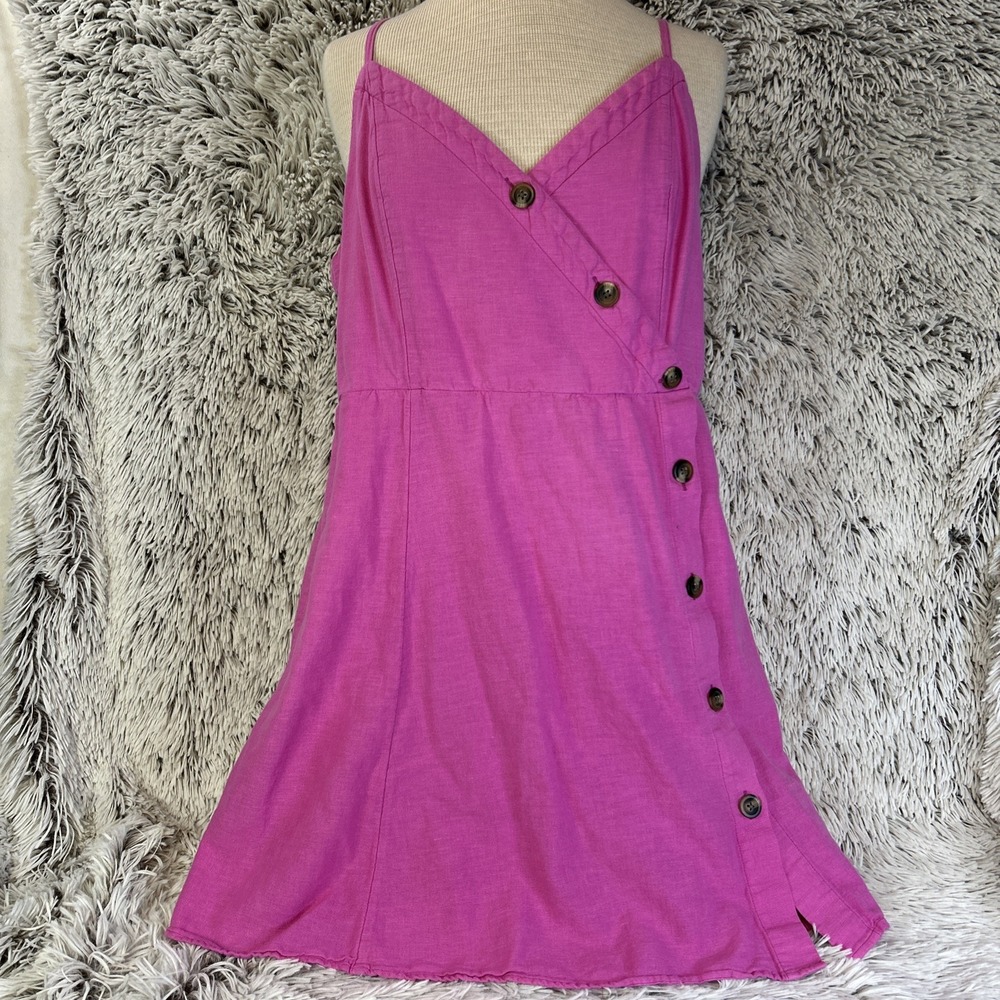 American Eagle Pink Linen Blend Button Front Dress Sz Large Mini Barbie Beach